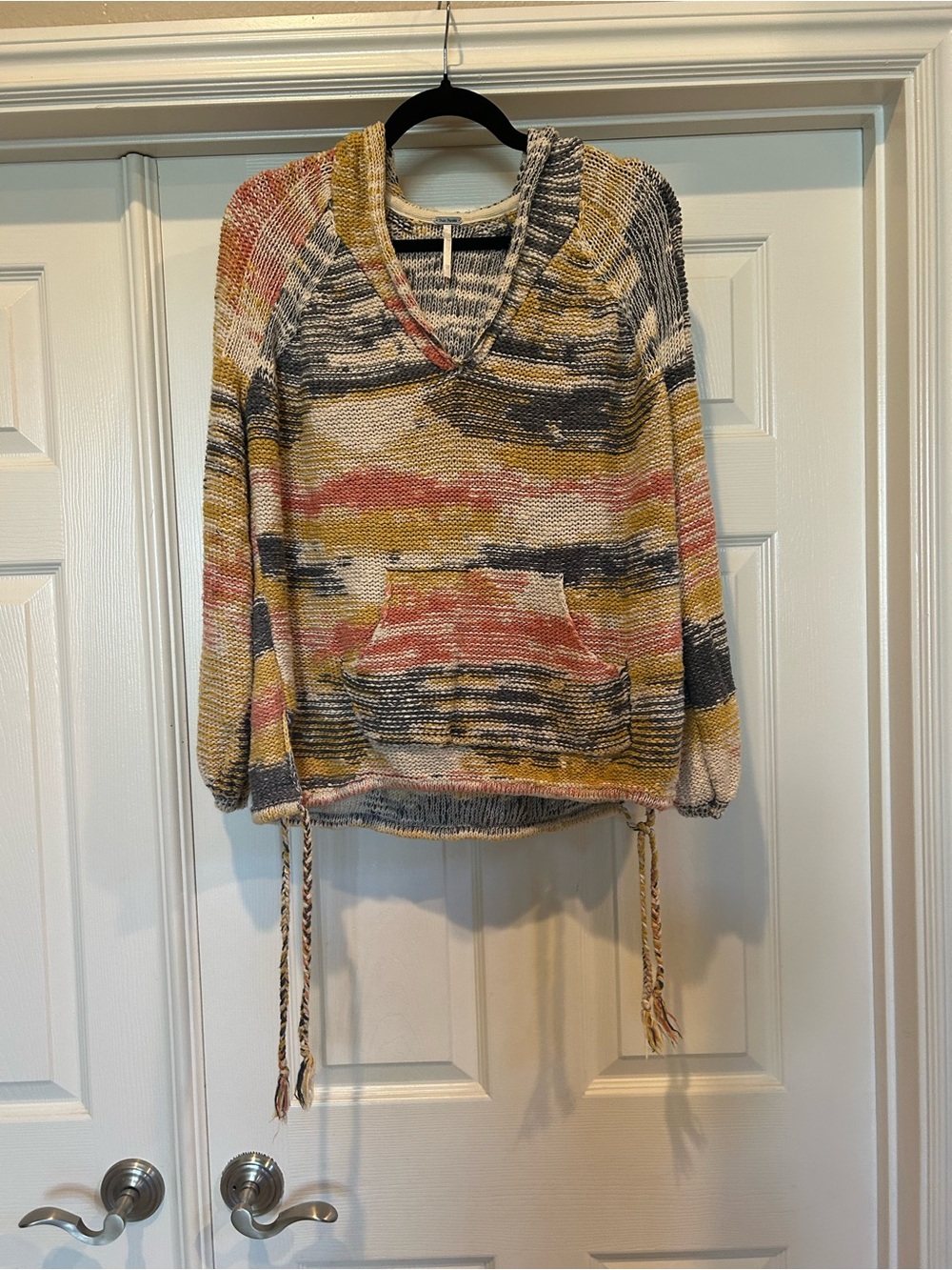 Striped Knit Hoodie Sweater in Mustard, Coral & Navy by Free People, Sz XS